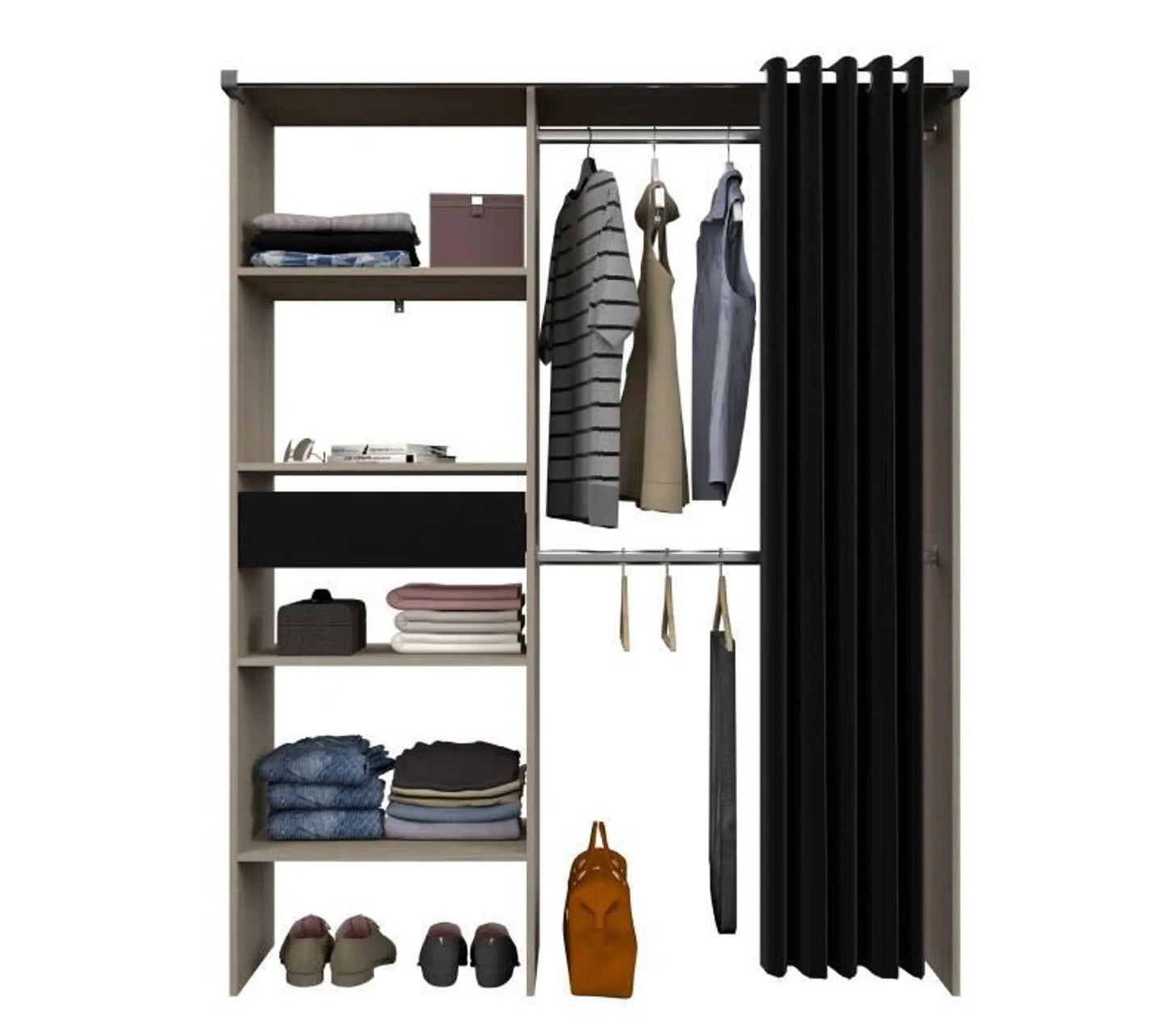 Schrankdesign mit Vorhang – Indus-Dekor – 1 Säule mit 1 Schublade + 2 Kleiderschränken – Bari